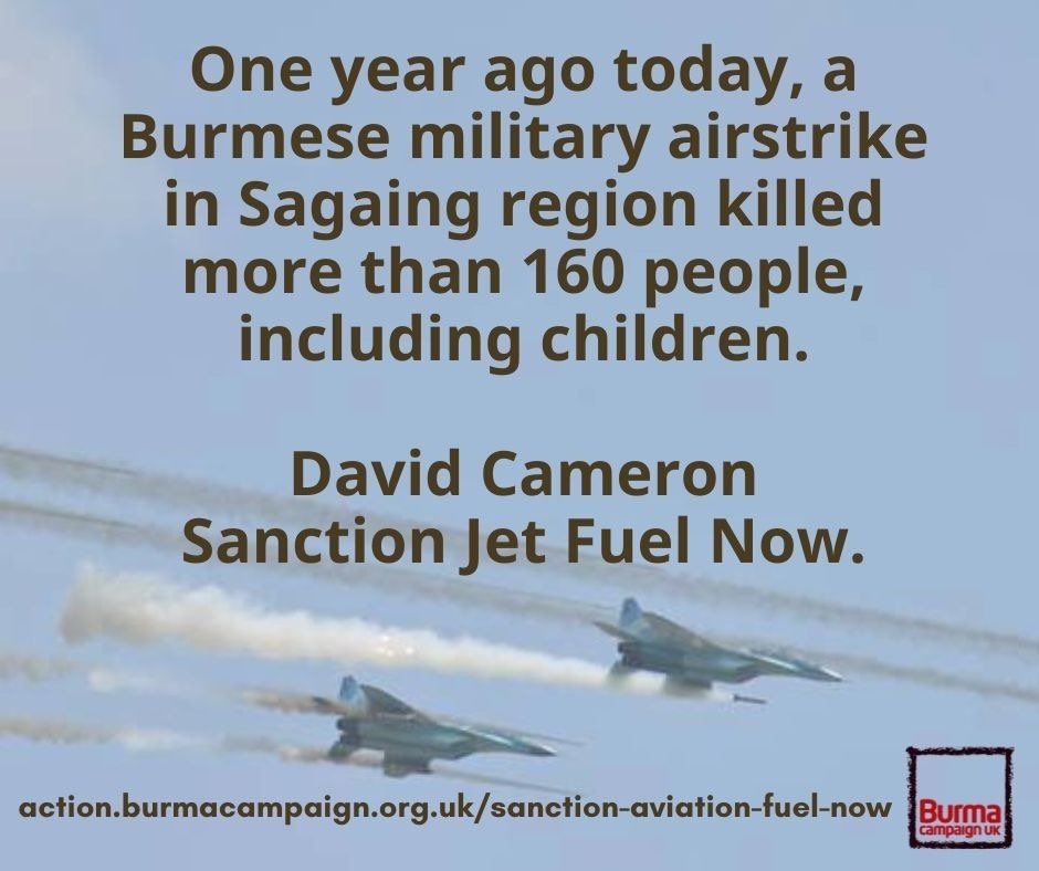 Stop Burmese military airstrikes now! Stop jet Fuel delivery to Burma now! If the jets can’t fly, they can’t bomb. action.burmacampaign.org.uk/sanction-aviat… #BanJetFuelExportsToMyanmar #SanctionAviationFuel