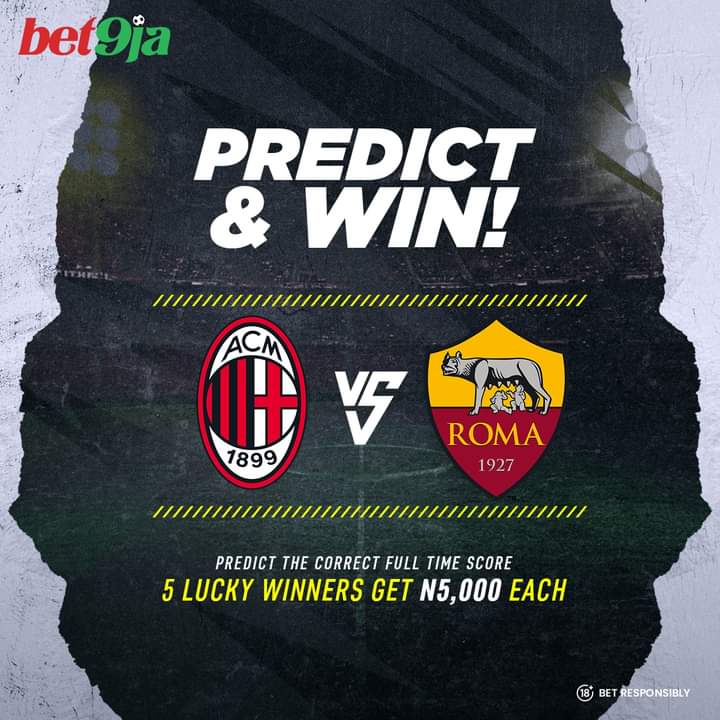 Comment the correct full-time score & your 𝐛𝐞𝐭𝟗𝐣𝐚 𝐈𝐃 and stand a chance to win N5,000

All predictions end on Thursday 11th April 2024 at 7:00 pm

Multiple and/or edited comments will be disqualified.

Five winners will be selected at random

#Bet9jaPredictAndwin