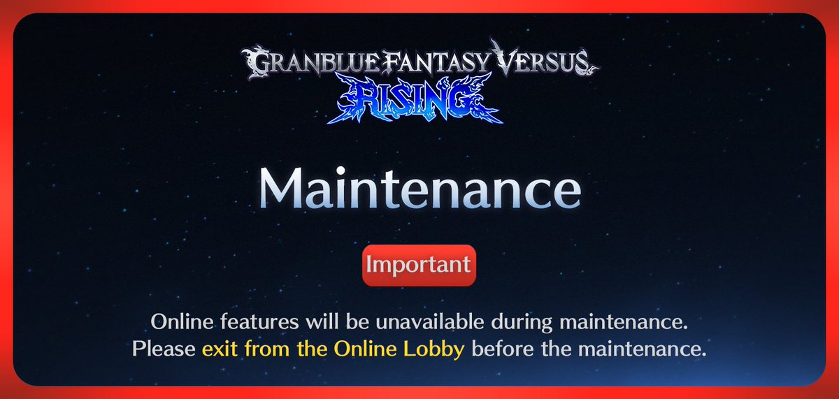 We'll be performing server maintenance and adding Battle Pass Round 3 to the game from 6–8 p.m., Apr 11 (PT). Online features will be unavailable during this time. Thank you for your patience! #GBVSR