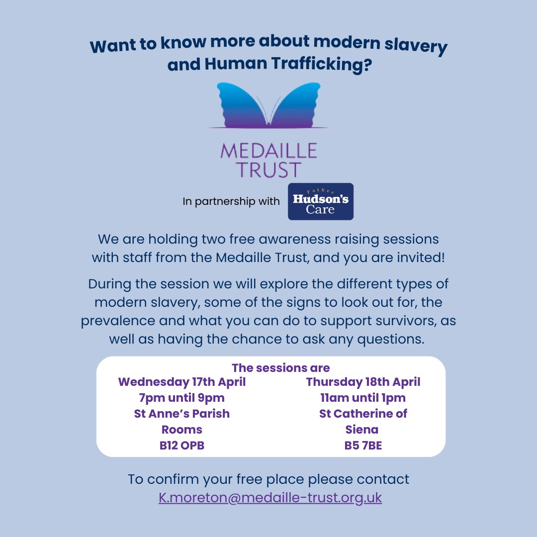 Join @MedailleTrust next week for free Modern Slavery and Human Trafficking awareness sessions in Birmingham. Learn more about: ℹ️ Types of modern slavery ℹ️ Signs of slavery and human trafficking ℹ️ How to support survivors Contact k.moreton@medaille-trust.org.uk to book