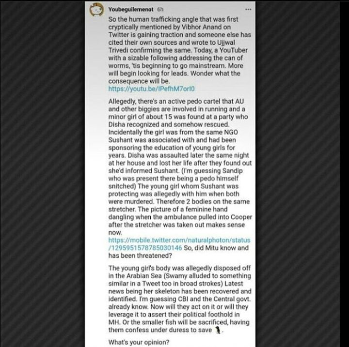 Yasmin2186's tweet image. When will there be an investigation on #childtrafficking @childabuse angle in Sushant and Disha Case?
@Dev_Fadnavis @CBIHeadquarters
@narendramodi @AmitShah

#SaveChildren 
#JusticeForSushantSinghRajput 
#JusticeForDishaSalian
Continuous Betrayal InSSRCase