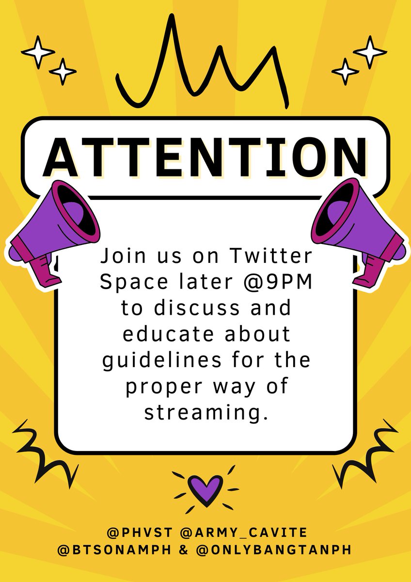 PH ARMYs! 🇵🇭✨ Tonight at 9 PM, we're hosting a Space with fellow PH BTS Fanbases to talk about streaming guidelines. Let's educate and spread the love for #BTS together! @phvsteam @OnlyBangtanPH @BTSonAMPH