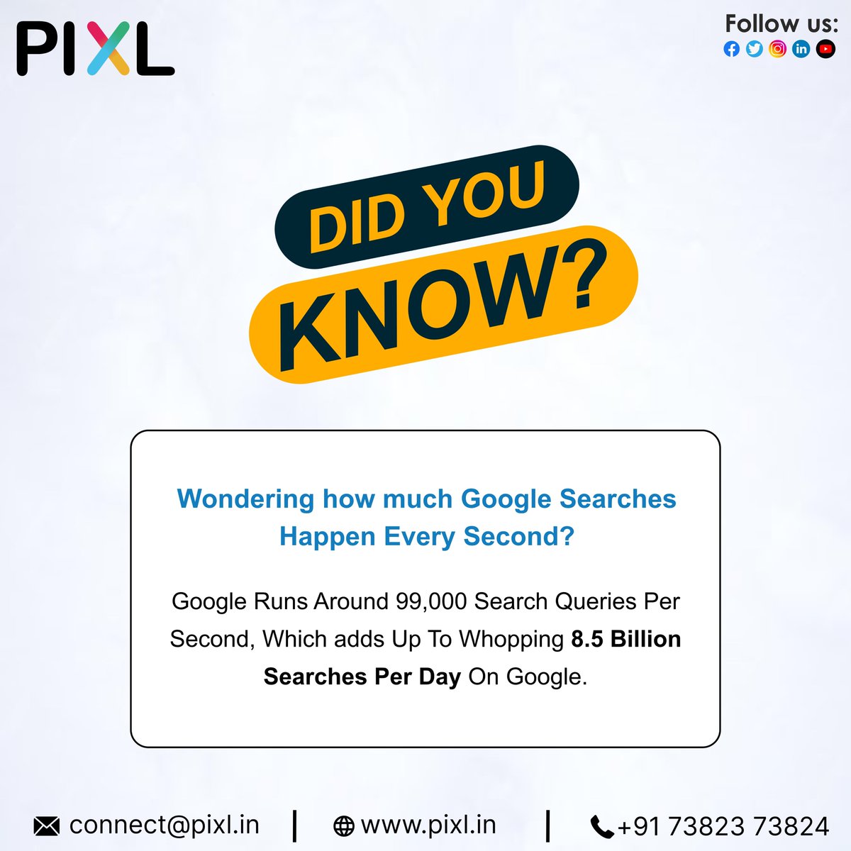 pixldotin's tweet photo. Ready to boost your online presence? Start by understanding the sheer magnitude of Google searches happening every second. Our latest banner is your gateway to success!
Visit Us: https://t.co/R5qGSfN9kJ
Call Us: +91 73823 73824
#DigitalMarketing #Marketing #SEO #ContentMarketing https://t.co/nzsrrujmmt