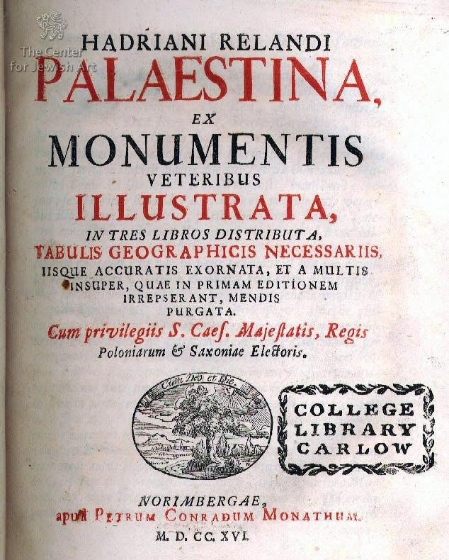 En 1716, Hadriani Relandi décrivait dans ce livre (en latin) ce qu’on appelait alors la Palestine. L'auteur est géographe, cartographe, voyageur, philologue, il connait plusieurs langues européennes, l'arabe, le grec ancien, l'hébreu… Il a visité près de 2 500 implantations…