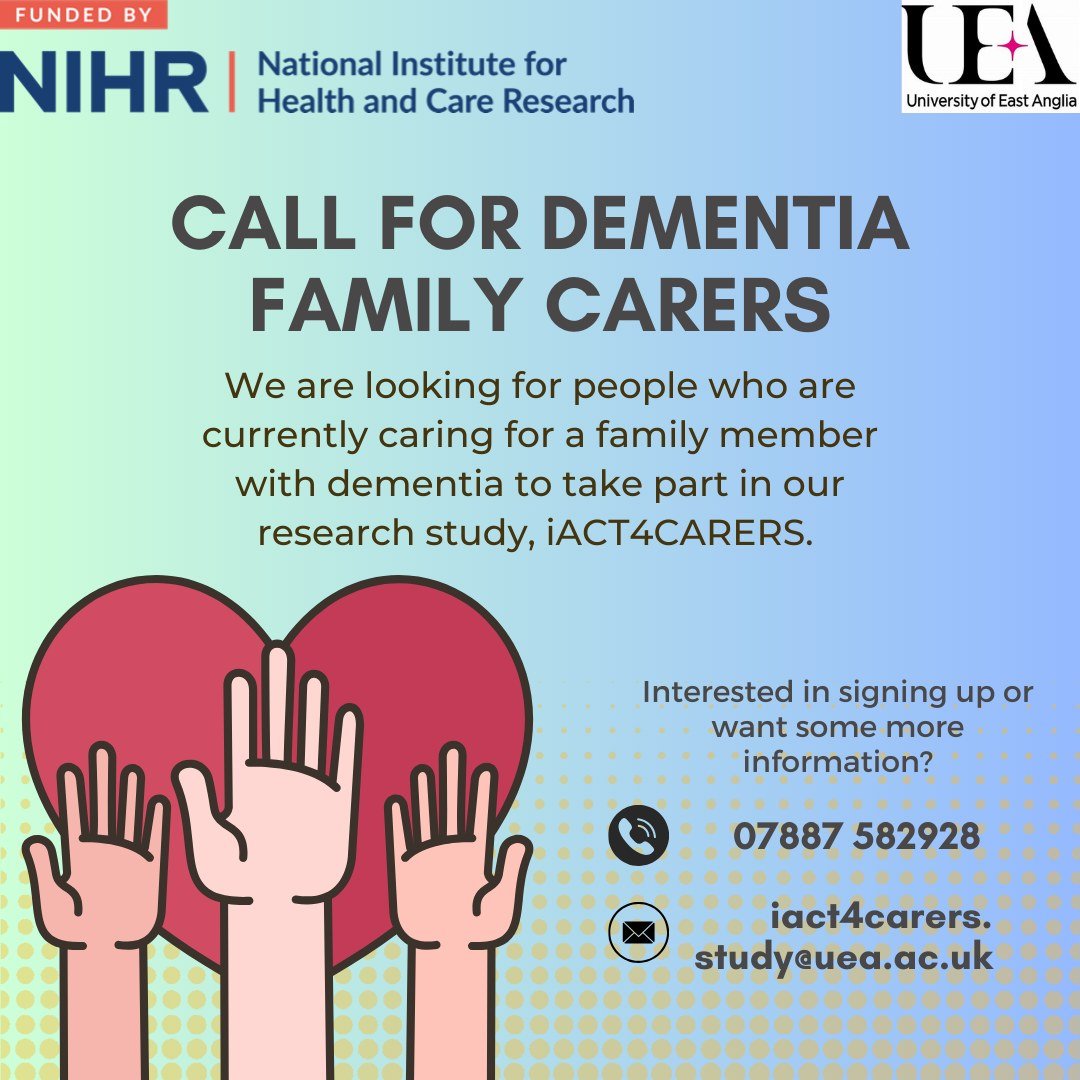 If you are over 18 and caring for someone with dementia, you may be interested in taking part in this research study (iACT4CARERS) You can find out more, watch a short animation explaining the study or sign up on this link act4carers.com/take_part #dementiaresearch #carers.