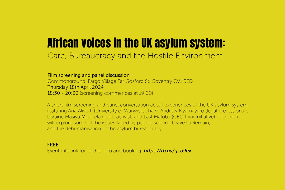 Save the date for an insightful evening delving into the UK asylum system from African perspectives. Don't miss a special screening of a documentary by Inini Filmmakers Group, followed by a panel discussion featuring our very own, Andrew Nyamayaro @commongrndcov @DuncanWhitley