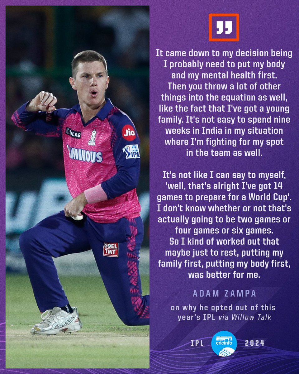 'I'm completely drained' 😮‍💨 Adam Zampa explains why he opted out of #IPL2024: es.pn/4cV8iTI