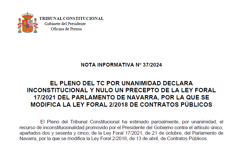 Nota de prensa | El Pleno del TC por unanimidad declara inconstitucional y nulo un precepto de la Ley Foral 17/2021 del Parlamento de Navarra, por la que se modifica la Ley Foral 2/2018 de Contratos Públicos tribunalconstitucional.es/NotasDePrensaD…