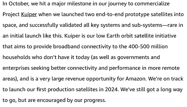 .@Amazon CEO Andy Jassy in April 11 letter to shareholders on progress of @ProjectKuiper broadband constellation. First production sats launch this year.