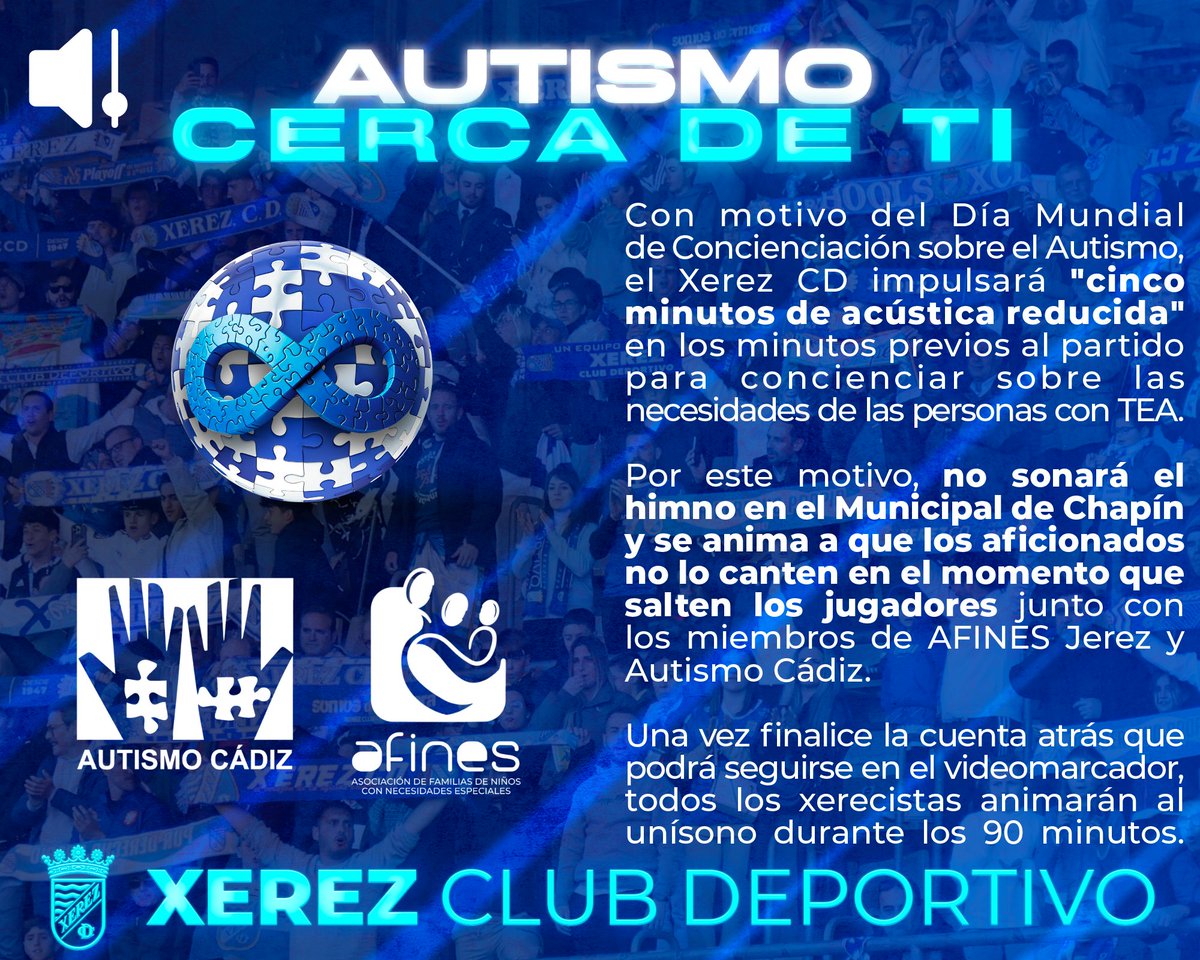 Xerez Club Deportivo (@xerezcd_oficial) on Twitter photo 🌎🤝⚽️
¡El #Xerez se suma al Día Mundial de Concienciación sobre el Autismo!
🔉📉 La entidad impulsa "𝐜𝐢𝐧𝐜𝐨 𝐦𝐢𝐧𝐮𝐭𝐨𝐬 𝐝𝐞 𝐚𝐜𝐮́𝐬𝐭𝐢𝐜𝐚 𝐫𝐞𝐝𝐮𝐜𝐢𝐝𝐚" en los minutos previos al #XerezLaPalma junto con Afines Jerez y <a href="/AUTISMO_CADIZ/">Autismo Cádiz</a>
🖱️ xerezclubdeportivo.es/el-xerez-cd-se… 🌎🤝⚽️
¡El #Xerez se suma al Día Mundial de Concienciación sobre el Autismo!
🔉📉 La entidad impulsa "𝐜𝐢𝐧𝐜𝐨 𝐦𝐢𝐧𝐮𝐭𝐨𝐬 𝐝𝐞 𝐚𝐜𝐮́𝐬𝐭𝐢𝐜𝐚 𝐫𝐞𝐝𝐮𝐜𝐢𝐝𝐚" en los minutos previos al #XerezLaPalma junto con Afines Jerez y <a href="/AUTISMO_CADIZ/">Autismo Cádiz</a>
🖱️ xerezclubdeportivo.es/el-xerez-cd-se…
