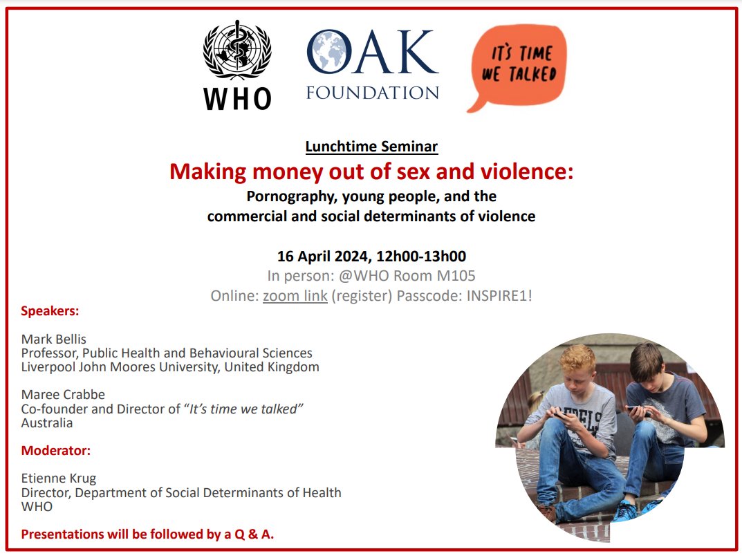 Join us for a Lunchtime Seminar to discuss pornography’s influence on young people, violence, and what can be done to tackle this. 📆16 April 2024 ⏲️12:00-13:00 CEST 📍WHO Room M105, Geneva or online See below for more details and zoom information: who.int/news-room/even…