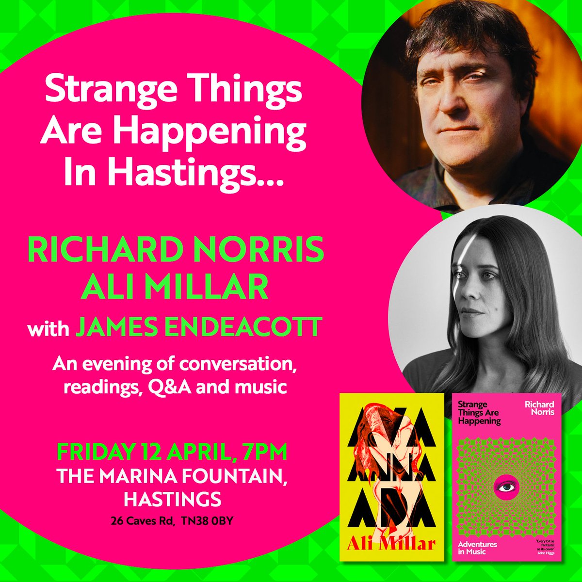Final call for this for any followers down the south east... @MrRichardNorris, @ali_l_millar and @jamesendeacott at the Marina Fountain in Hastings tomorrow night for music + chat, with books on sale from @hastingsbooks Tickets from skiddle.com/whats-on/Tunbr… or pay on the door 👁️