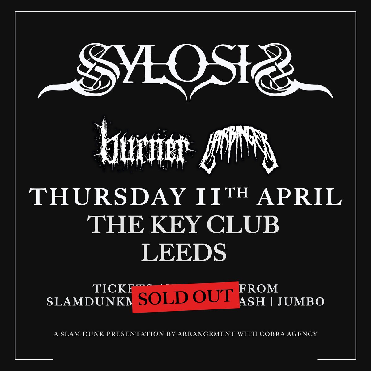 Tonight's sold out show at @thekeyclubleeds! Times: Doors 7pm @harbingerriffs 7.25pm @burnermetal 8.10pm @Sylosis 9pm