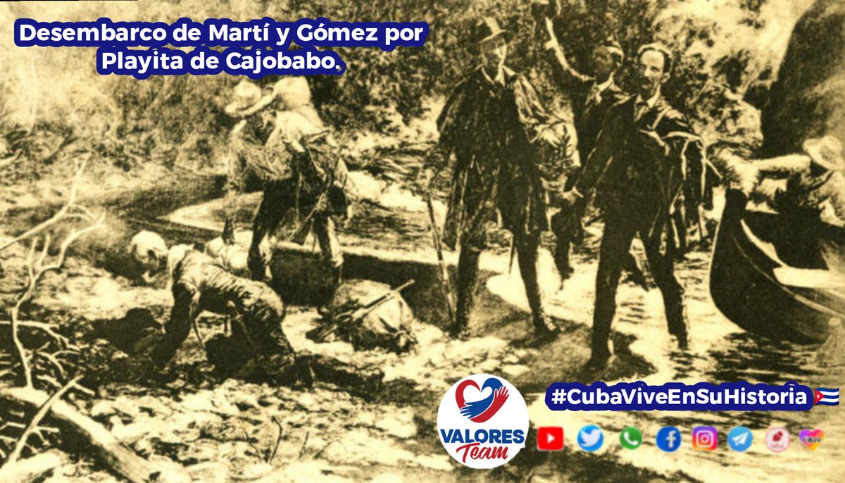 🗣 #CubaViveEnSuHistoria 🇨🇺
Desembarco de Martí y Gómez por Playita de Cajobabo hace 129 años
👉Martí y Gómez llegaban para incorporarse a la guerra después de varios tropiezos.
✨Ese lugar se convertiría años después en un pedazo de tierra sagrado para la Patria.
#ValoresTeam 🕊