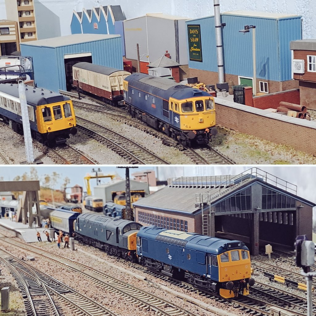 Being on stage each evening allows a bit of layout time during the day. The weekly cement often throws up a treat and 25324/40118 brought the gricers out. 33052 shunts the fertiliser at the industrial estate sidings #TMRGUK #sandyhilllive @modelrailUK @railexpress