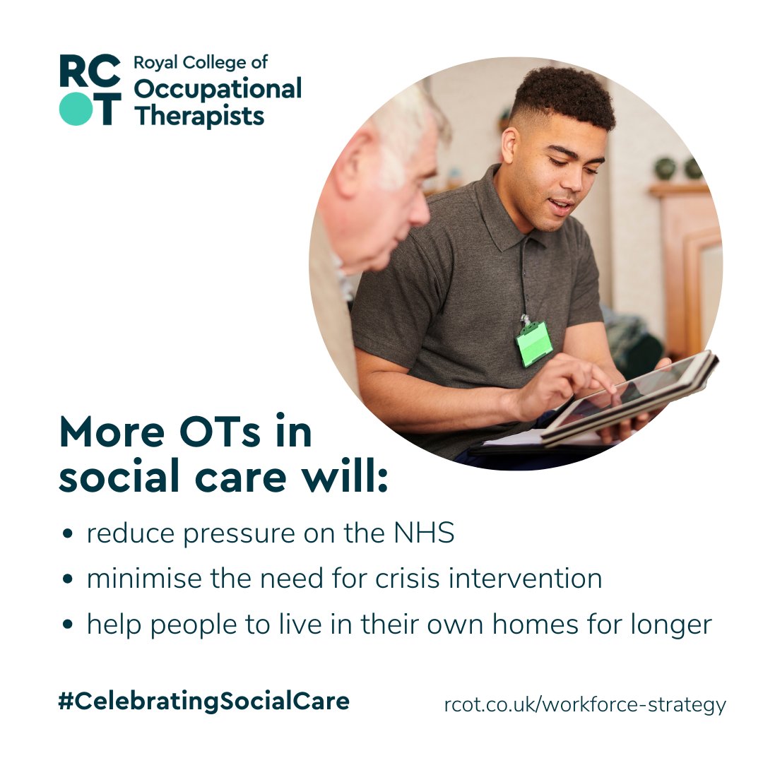 Occupational therapists working in social care will be essential in 2035, just as they are now! 💚

Positioning them to focus on prevention and early interventions will minimise the need for crisis intervention and dependency on care services. 

#CelebratingSocialCare

1/3