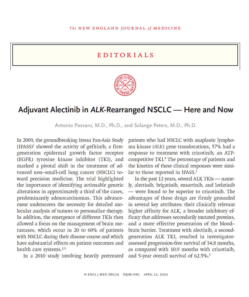 🛎  just published in <a href="/NEJM/">NEJM</a> our editorial on the groundbreaking ALINA trial, evaluating the role of adjuvant alectinib in patients with resected NSCLC carrying ALK rearrangements. 
A major advance for our patients! 
🔗nejm.org/doi/full/10.10…