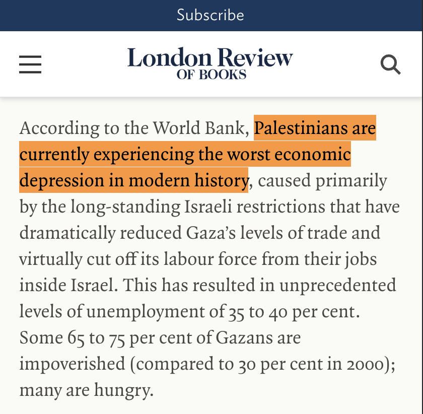 2\ Israel's 2005 'disengagement' was deliberately designed in a way as to destroy Gaza instead of giving it a chance. Overnight, Israel cut 10,000s of Gazan workers from their jobs & isolated the enclave from the world, causing the 'worst economic depression in modern history'!