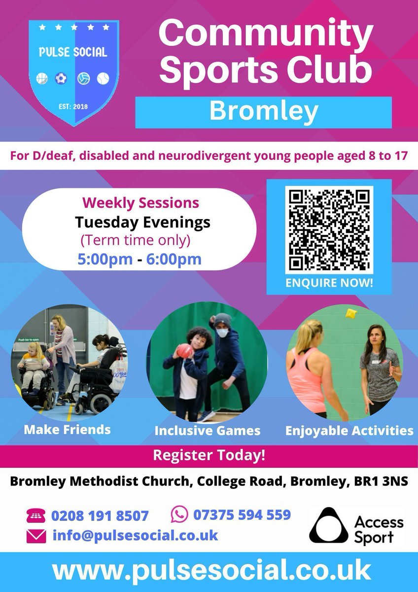 . @PulseSocialCIC runs multi-sports sessions on Tuesdays from 5-6pm at Bromley Methodist Church, BR1 3NS. Sessions are inclusive and cater for D/deaf, disabled and neurodivergent children and young people aged 8 - 17. Email info@pulsesocial.co.uk for more info and to register.