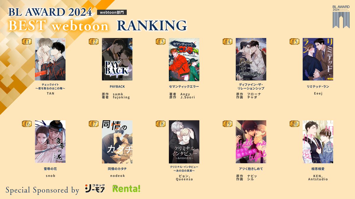 #BLアワード2024 👑 #webtoon部門 ＼🎊11位～20位🎊／ ..💫𝗕𝗘𝗦𝗧 𝘄𝗲𝗯𝘁𝗼𝗼𝗻💫.. 🔽この部門の結果はこちら chil-chil.net/blAwardRank/y/… 🔽全𝟏𝟐部門の結果をみる👀 chil-chil.net/blAwardRank/y/… #BLAWARD2024