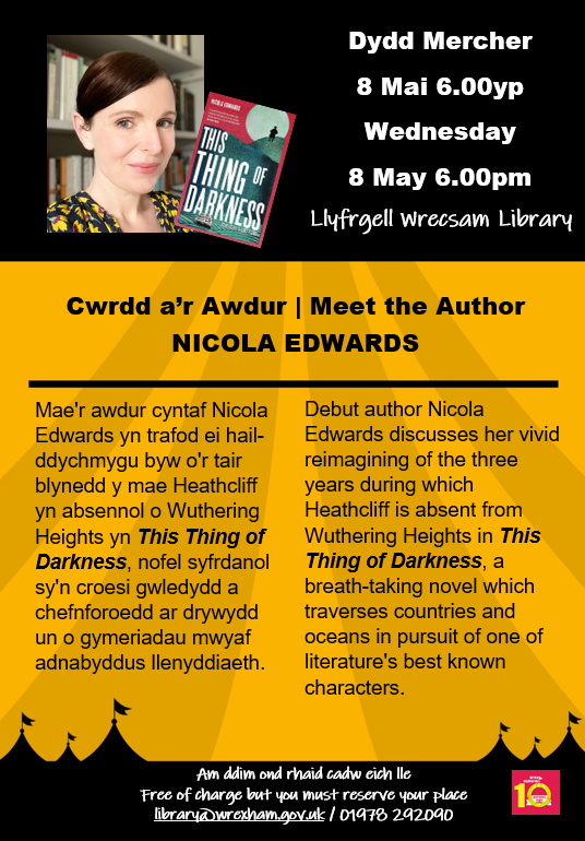Hands up if you're a big fan of #WutheringHeights? We are so pleased to welcome @nicanned to @WxmLibraries on 8th May to discuss her debut novel #ThisThingofDarkness All about #Heathcliff It's a #free event. Details below. @AderynPress