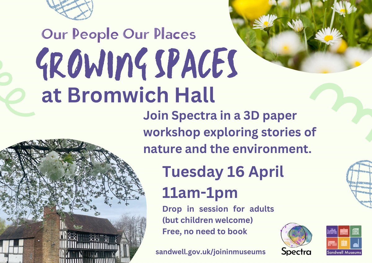 Come along to Bromwich Hall on Tuesday 16 April between 11am - 1pm and join @Spectra_Arts in a 3D paper workshop exploring stories of nature and the environment. This event is free, no need to book, drop in between 11am-1pm. The workshop is for adults but children are welcome.