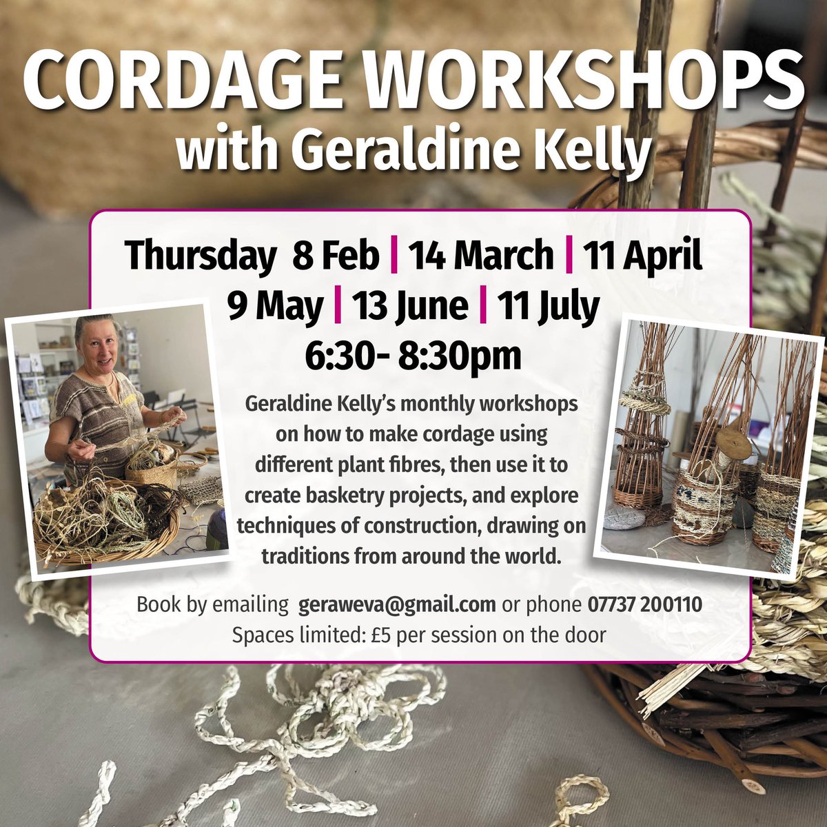 Tonight from 6:30 in Sprout - Geraldine’s Cordage Workshop, making baskets etc… Everyone welcome (no arty skills required) - pay £5 at the door