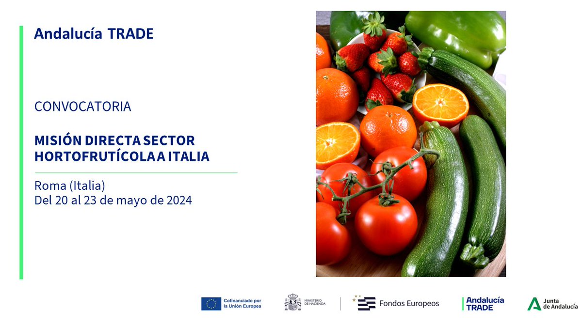 🔔Convocatoria conjunta con <a href="/fedagroconf/">Fedagromercati</a> para participar en Misión Directa Hortofrutícola en Italia  🇮🇹 #FondosFeder

📆 20-23/05 en Roma y Pescara

📌6º país destino de las exportaciones de frutas y hortalizas andaluzas

🖱️Inscripciones (hasta 19/05)👇
andaluciatrade.es/internacionali…