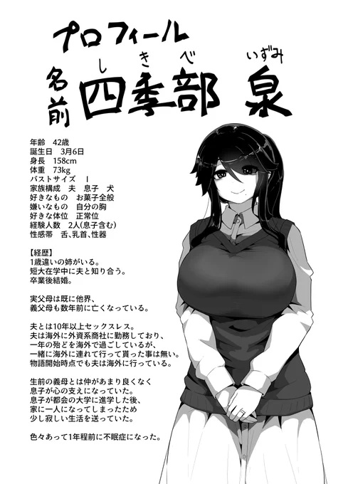 現在予告中の「おやすみ、おかあさん」のお母さんのプロフィールです。
今まで描いたキャラで名前出すの初めてかも。
作中では名前出ないので、好きな名前つけて読んでもらっても構いません。
【FANZA】https://t.co/3CqRV8FkxH
【DLsite】https://t.co/iBe60ORoXx 