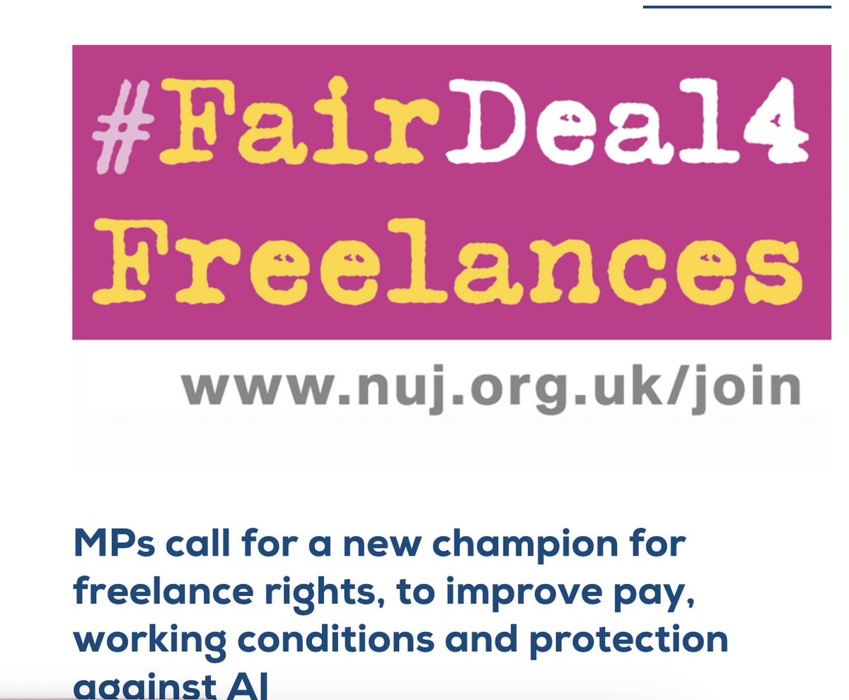 MPs call for a new champion for freelance rights, to improve pay, working conditions & protection against AI. The culture select committee’s report is full of helpful recs and ideas. Yes to a Freelance Commissioner! Read the report: nuj.org.uk/resource/mps-c… #FairDeal4Freelances