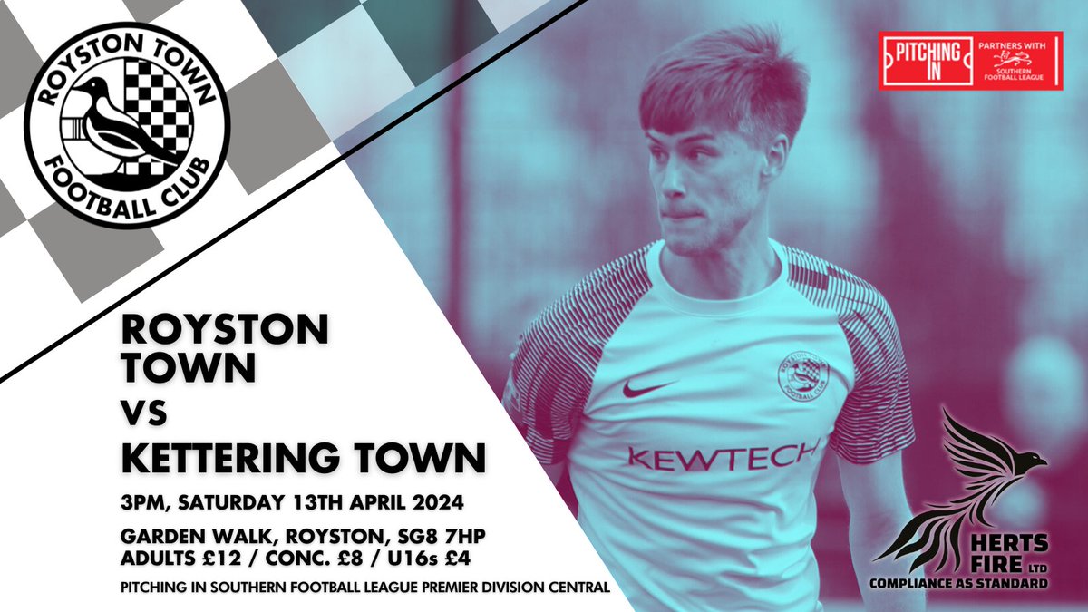 IT'S OUR PENULTIMATE HOME GAME OF THE 23/24 SEASON ON SATURDAY!

We're hosting <a href="/KTFCOfficial/">Kettering Town FC</a> in a 3pm kick-off!

Adults £12 / Conc £8 / U16s £4

Or buy online and save: roystontownfc.ktckts.com/event/roy2324h…

<a href="/roystontyouthfc/">Royston Town Youth FC</a> players and coaches get FREE ENTRY with their player cards!

#COYC