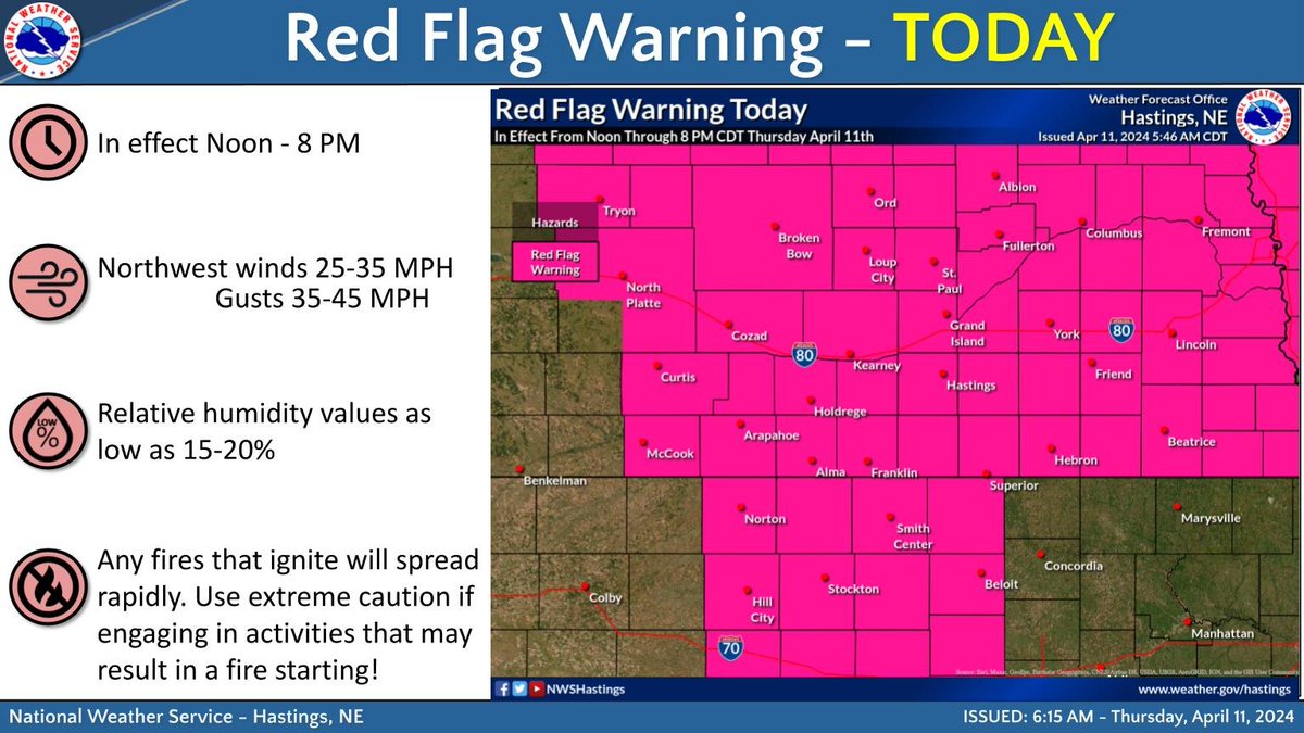 The combination of gusty northwest winds and low relative humidity values will result in critical fire weather conditions across the forecast area this afternoon and early evening. #newx #kswx #fire