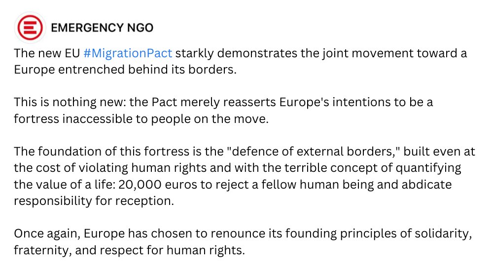 Once again, Europe has chosen to renounce its founding principles of solidarity, fraternity, and respect for human rights. #MigrationPact
