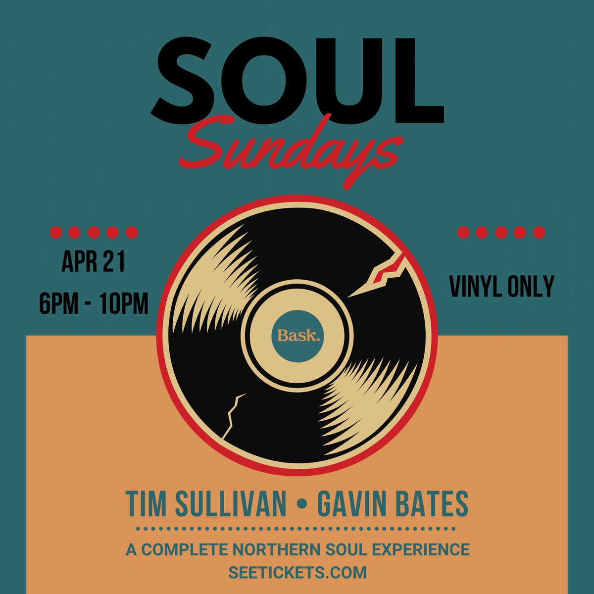 One of the highlights of the party scene at Bask is our Northern Soul bash, Soul Sundays. Vinyl only set from Tim Sullivan & Gavin Bates. Tickets > seetickets.com/event/soul-sun…