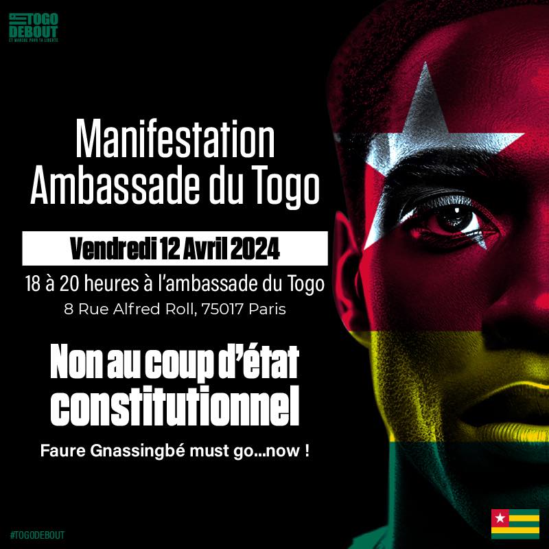 📢À Paris, la diaspora togolaise se mobilise pour faire entendre sa voix contre le coup d'État constitutionnel. Rejoignez #TogoDebout demain devant l'ambassade du Togo, à partir de 18 heures.
