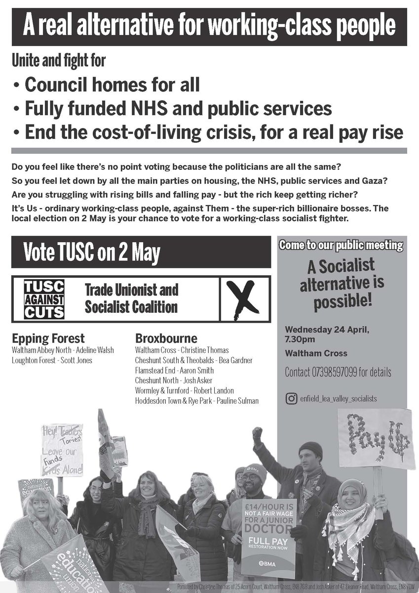 Vote @TUSCoalition in Epping Forest in 3 week's time on 2 May for a real alternative for working-class people. Scott Jones in Loughton Forest & Adeline Walsh in Waltham Abbey North @WalAbbeyNews @eefnews See tusc.org.uk for more inc the 277 other candidates standing