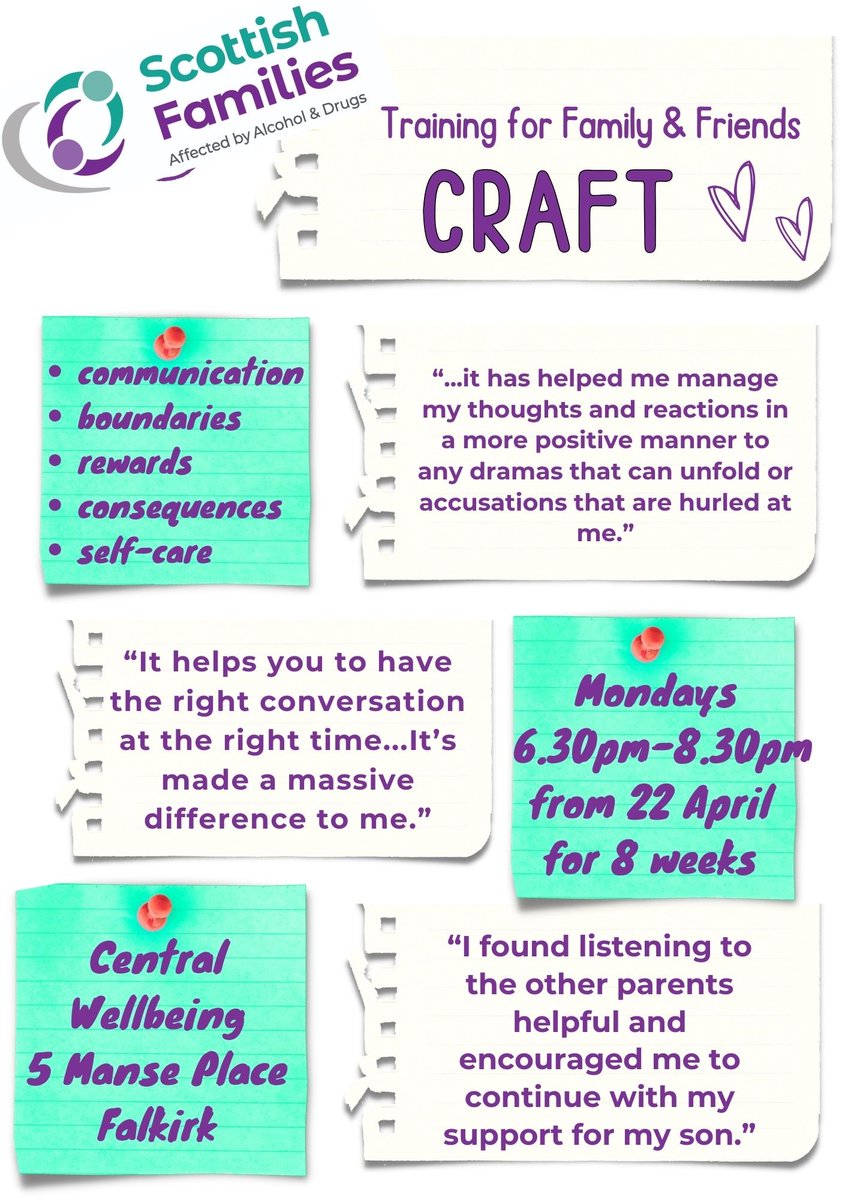 We'll be running another free #CRAFT course soon - open to anyone 16+ in #ForthValley affected by someone else's substance use. #CRAFT is an evidence-based model that teaches new #skills and #copingstrategies. Email fvfamilies@sfad.org.uk for more info.