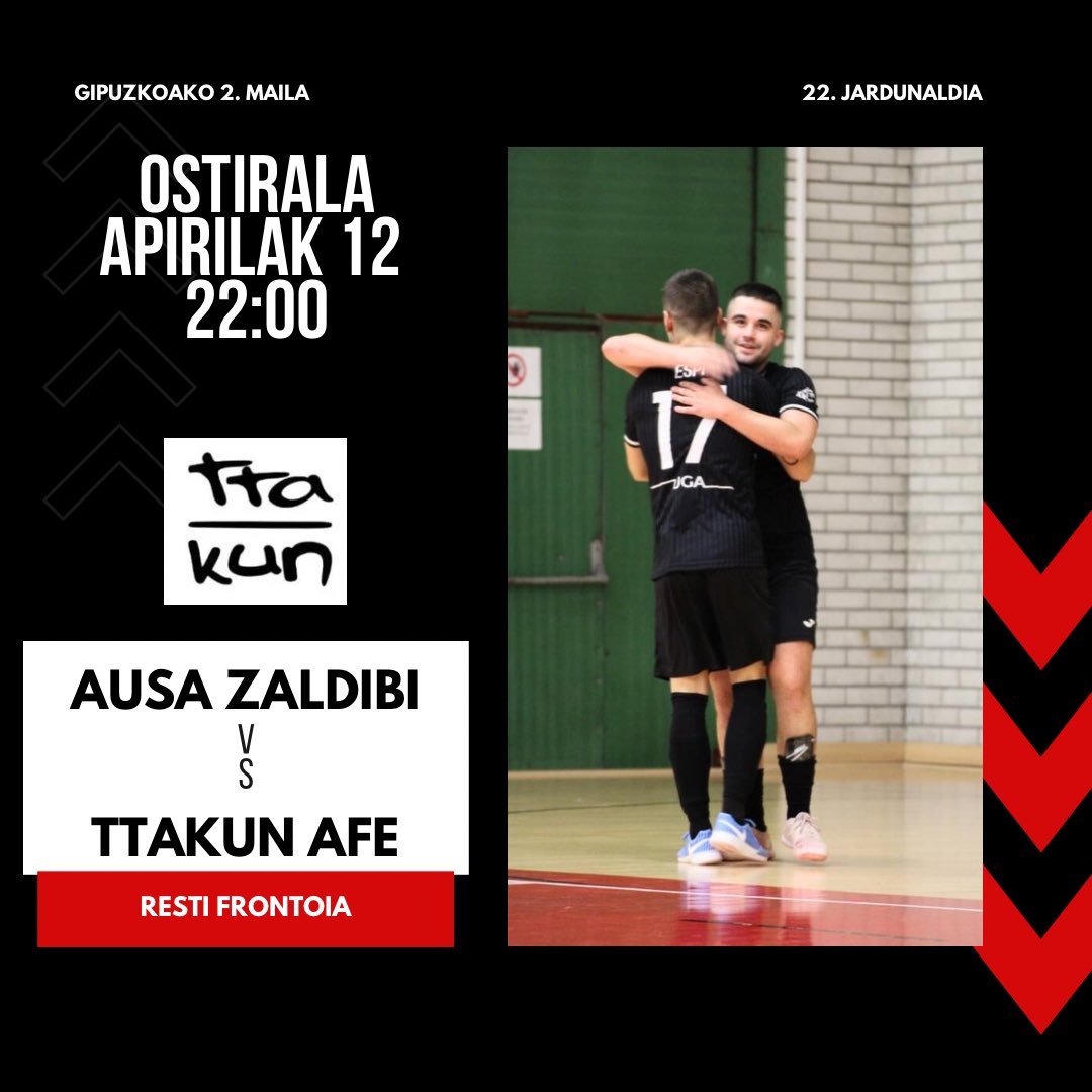 Inderrak berrittute bueltan gea!!! Goazen!!! 🫂🖤

🏆 22. Jardunaldia
📆 Apirilak 12, ostirala
🏟️ Resti Frontoia
⏰ 22:00
🆚 <a href="/zaldibiAFT/">Ausa Zaldibi F.K.K.</a>