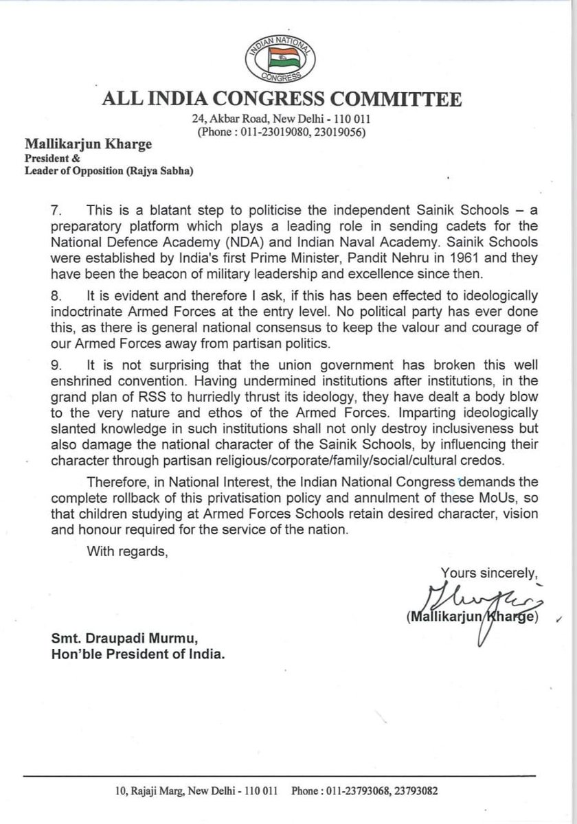 Congress President Shri Mallikarjun Kharge has opposed the privatization of Sainik Schools. A letter written to the Honorable President to stop privatization.