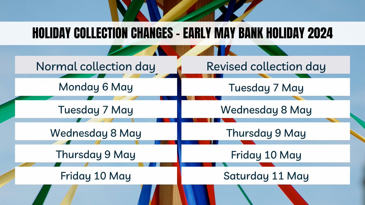 Remember, our crews will be emptying your bins a day later than usual next week because of the bank holiday.