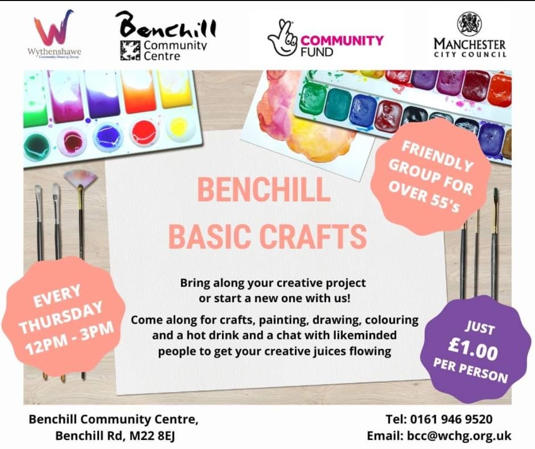 Are you over 55, and interested in creative projects, then come along to Benchill Basic Craft every Thursday at @benchillcomcent - see the leaflet for more details @wythenshawe_chg @CD_WCHG @ManCityCouncil
