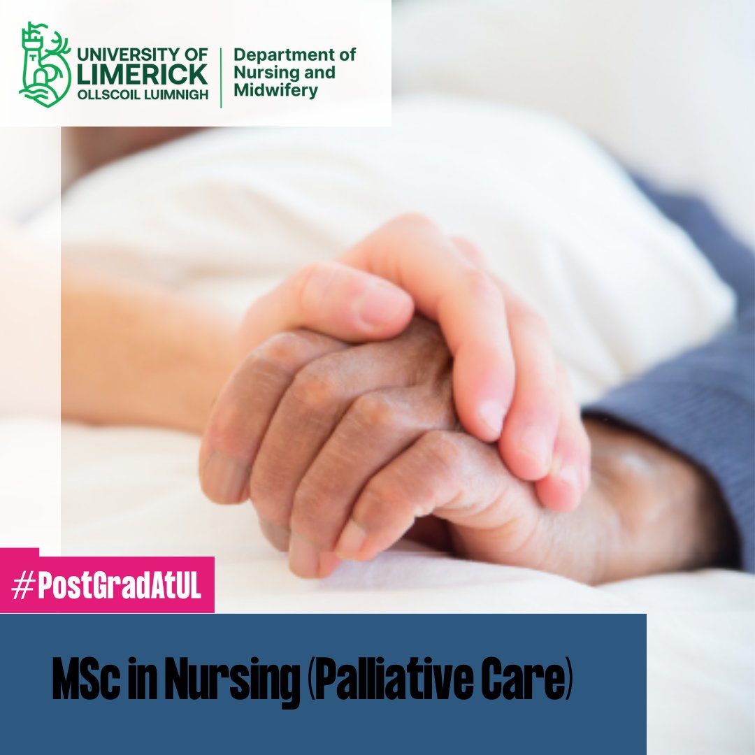 Interested in pursuing an MSc in Nursing (Palliative Care)? Applications close: Friday 28th June '24. NMPDU/CNME funding closes 31st May '24. Thinking Postgrad? Think UL. Apply online today or find more information at ul.ie/gps/course/nur…