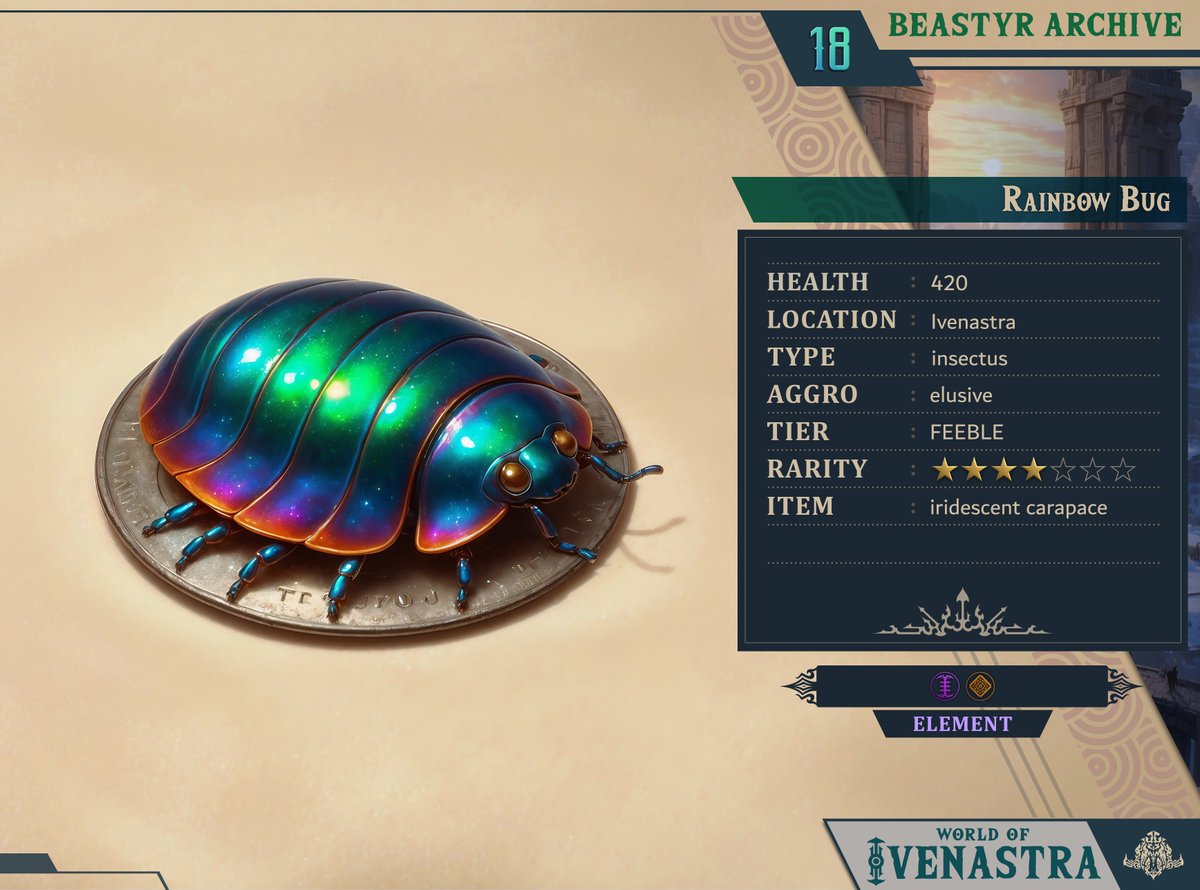 World of Ivenastra
Beastyr Archive : Rainbow bug
#fiction #characterdesign #worldbuilding #Aiart #aiartcommunity #AIArtwork #digitalart #illustration #conceptart #rpg #ai #scifi #aiartist #digitalpainting #fantasyart #digitalartist #ivenastra #Copilot #leonardoai #affinityphoto