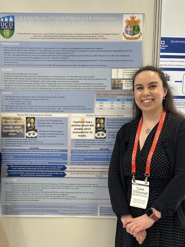 Our very own Clare O’Donnell here @ISHLT to present her poster “A 2-year review of the use of serum and BAL Galactomannen testing in lung transplant recipients”.