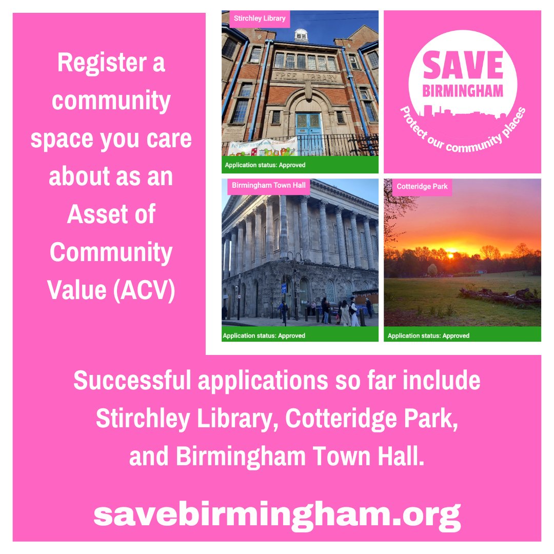 Register a community asset you care about as an Asset of Community Value (ACV). Successful new applications include Stirchley Baths, The Cottage at Brookvale Park, Stirchley Library, Cotteridge Park & The Town Hall. We can help with the process: savebirmingham.org/guidance-asset…