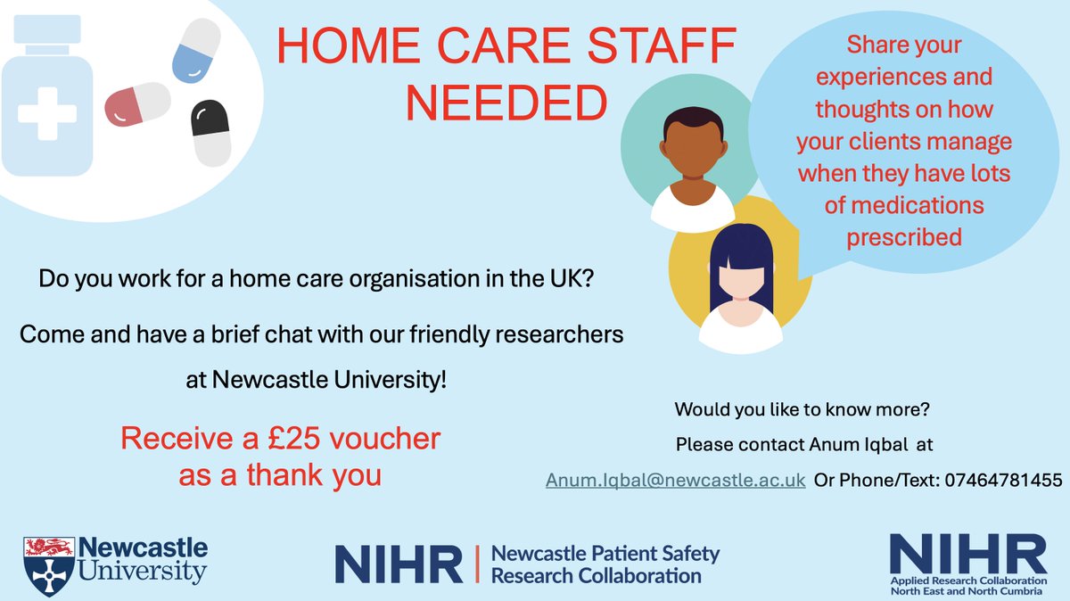 @NIHRNewcBRC PhD student and pharmacist Anum Iqbal is looking for home care workers willing to share their experiences supporting clients with multiple medications. Please share. 🙏 @CareWorkersFund @camilleleavold @drjanetownson @Anumiqbal_