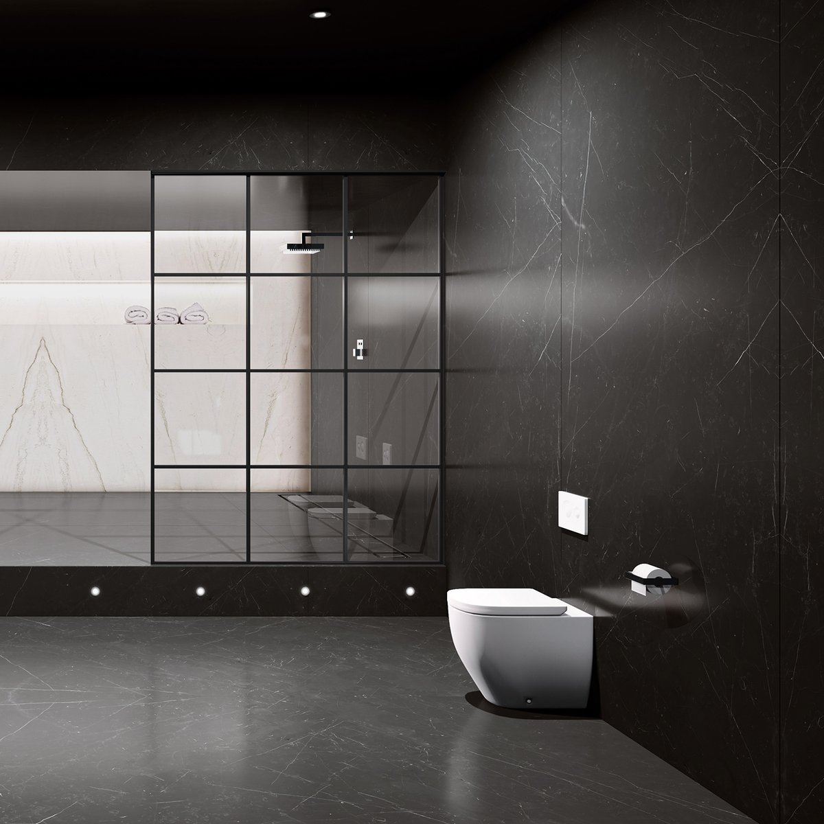 The large slab format surface of Inalco MDi creates a luxurious impression in bathrooms and shower rooms and can be cut to an exact size to fit the space, achieving a bespoke solution with minimal grout lines and a seamless finish. Pictured: Storm Negro flooring and wall cladding