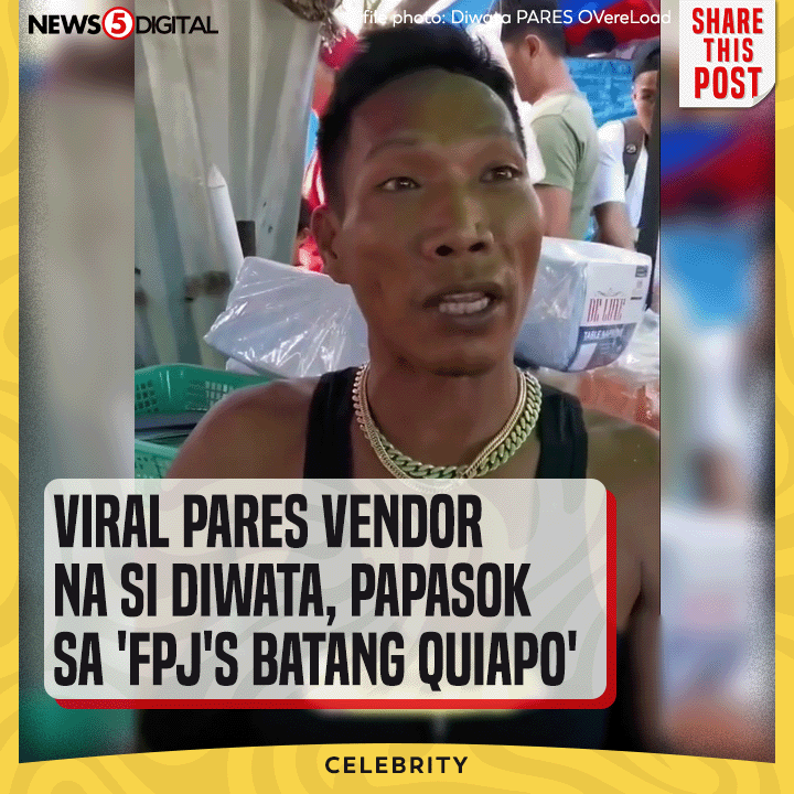News5PH's tweet image. Mapapanood na sa primetime series na #FPJsBatangQuiapo ang viral pares vendor na si #Diwata.

Ibinahagi ni Diwata sa isang vlog na nagsimula na siyang mag-taping para sa serye. Hindi siya sigurado kung kailan ipalalabas ang kaniyang mga eksena. #News5