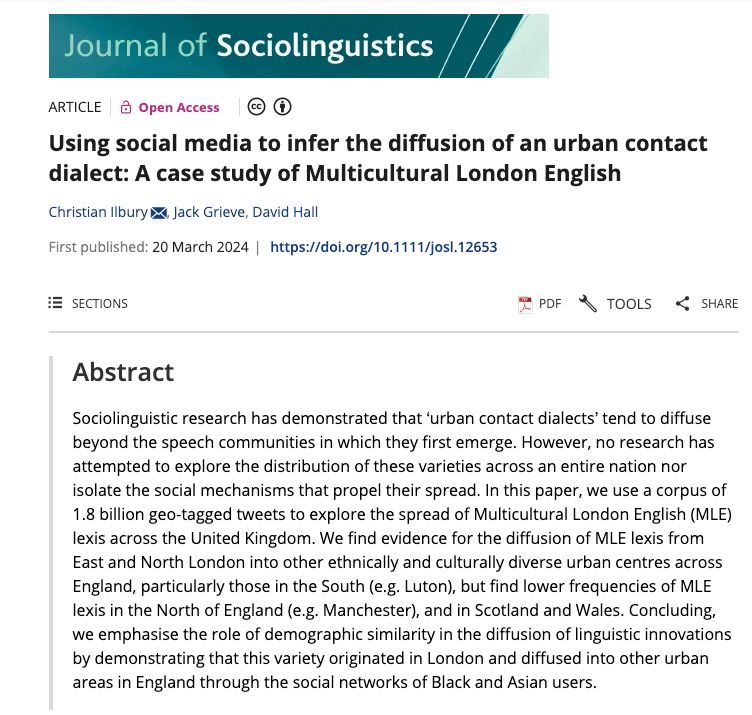 ✨ NEW online first #JSLX article: Using social media to infer the diffusion of an urban contact #dialect: A case study of Multicultural #London #English by @Christianilbury, @JWGrieve & David Hall. 🌐 #OA: buff.ly/3Trce5G