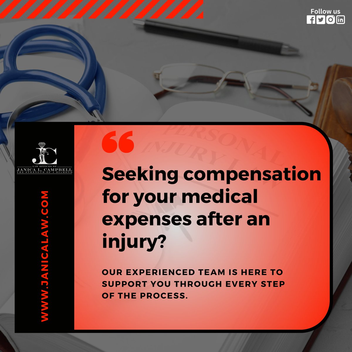 👩‍⚖️💼 Seeking compensation for your medical expenses after an injury? Let us guide you through the legal maze! Our experienced team at Janica Law is here to support you every step of the way. 💪
.
#InjuryClaims #LegalAdvice #Compensation #PersonalInjury #LegalSupport #LegalRights